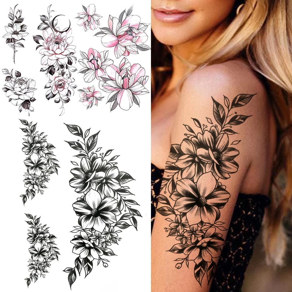 Tatouage Fleur De Lys Tatouage Temporaire De Fleur De Lys Pour Femmes Adultes, Faux Autocollant De  Fleur De Lotus Orchidée Dahlia Pivoine Noir Imperméable Pour Bras -  Tatouages Éphémères - AliExpress