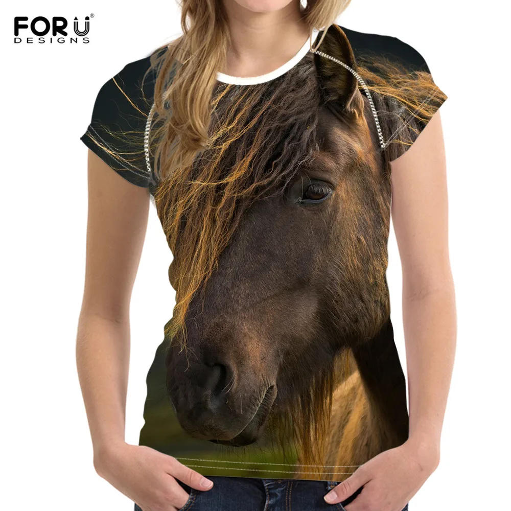 FORUDESIGNS/женские футболки с 3d-дизайном Crazy Horse летние короткими рукавами эластичные