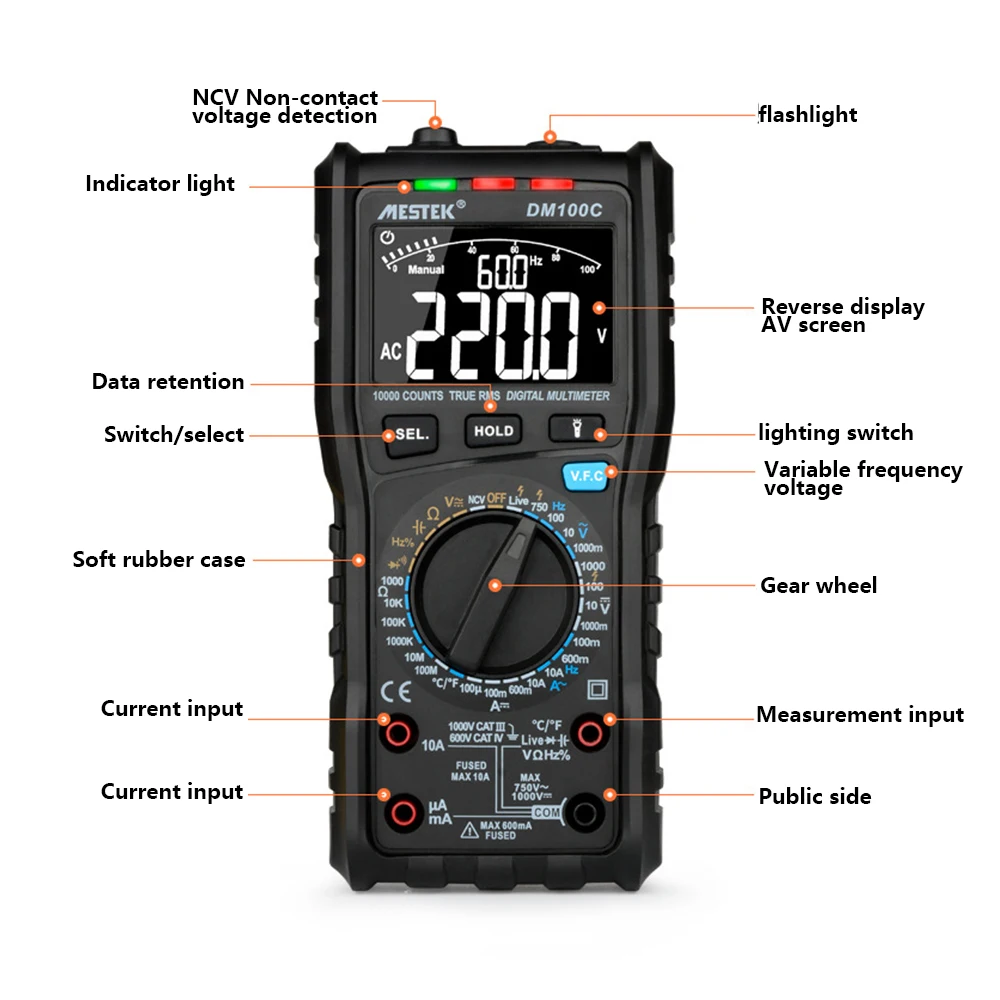 MESTEK DM100C Digital Multimeter High Speed Smart Double Core With Analog Bar Graph AC/DC Voltage Ammeter Current Manual/Auto