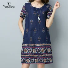 Новое хлопковое льняное летнее платье с коротким рукавом для женщин размера плюс, Свободные повседневные пляжные платья с круглым вырезом и принтом, Vestidos ZY247