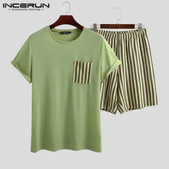 

INCERUN Leisure Pajamas Sets Striped Short Sleeve Patchwork Blouse Casual Shorts Homewear Suits Men Comfortable Nightwear S-5XL