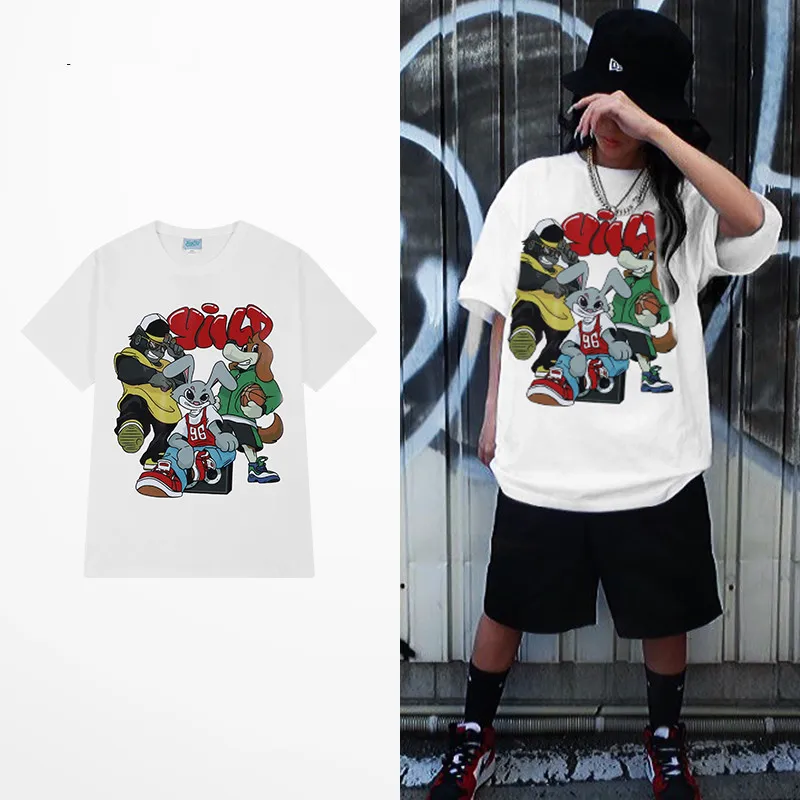 

Fashion INS Style Harajuku Retro T Shirt Men Street Cartoon Rabbit Print Green T Shirts Men Cotton Hip Hop Lovers Short Tee