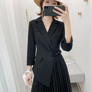 

2020 Spring Elegant Women Pleated Dress Mock Two-Piece Dress Office Lady Style Loose Dress Wrist A-Line