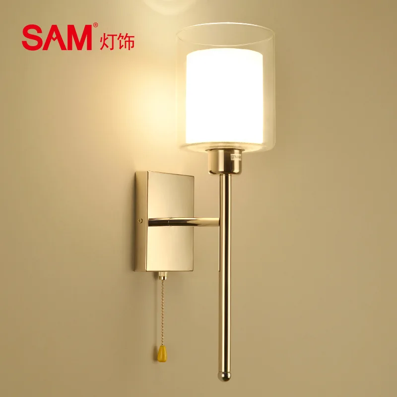 

simple atmosphere hotel room bedside wall lamp with switch double glass lampshade non-standard customized room lamp