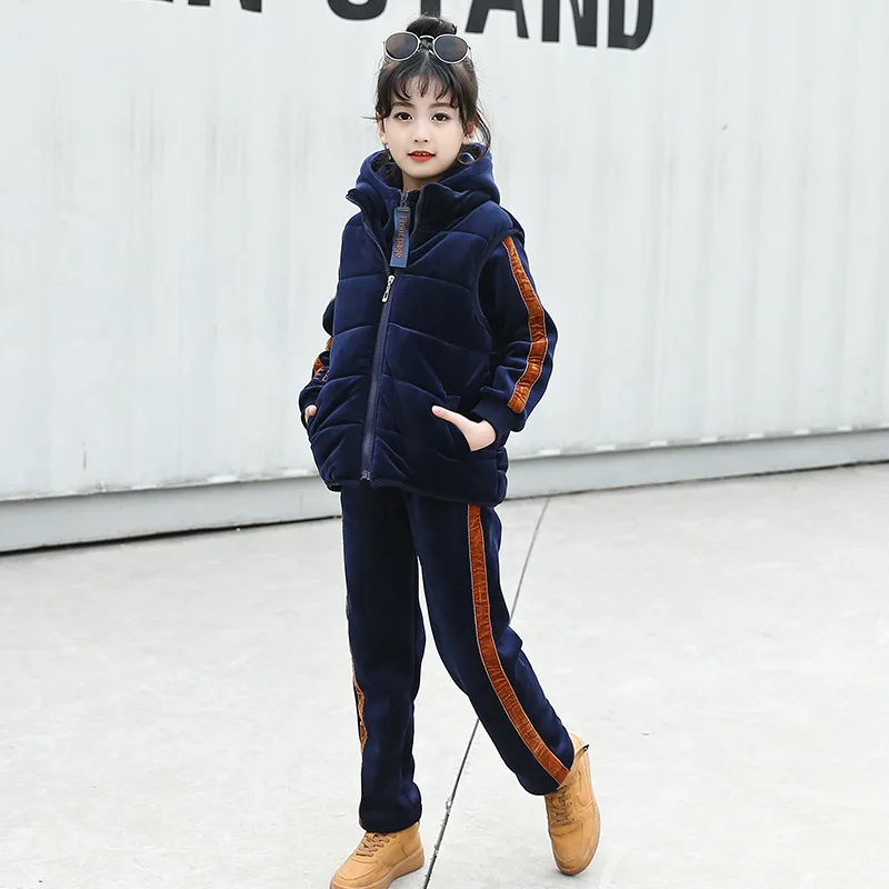 Комплект одежды для маленьких девочек, толстовка+ жилет+ штаны, 3 предмета, осенне-зимний теплый флисовый спортивный костюм Детские корейские костюмы из плотного бархата, спортивный костюм - Цвет: Синий