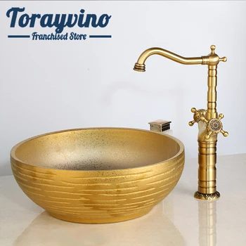 

Torayvino sink set bathroom cuba banheiro basin with faucet Antique brass bamboo shape tap gold Round basin hot & cold mixer tap