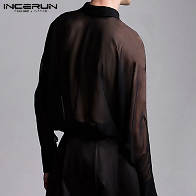 INCERUN Men Solid Color Long Sleeve Lapel Shirt Fashion Breathable Thin Button Mens Clubwear Party Casual Sexy Blouse Streetwear