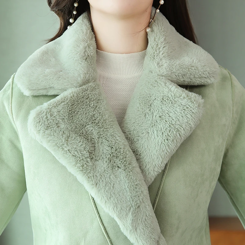 Зимняя длинная замшевая куртка из искусственной кожи для женщин, большие размеры, женская зеленая, синяя теплая замшевая куртка, Женское пальто, женская ветровка, более размера