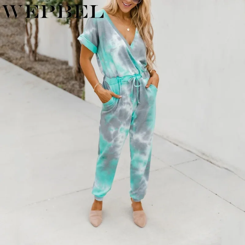 

WEPBEL Women's Casual Short Sleeve V-neck Lace-up Straight Jumpsuit Autumn Fashion Tie-Dyed Printed Loose Jumpsuit