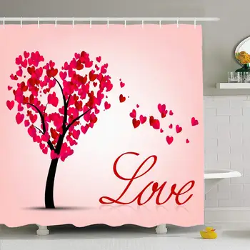 

Shower Curtain Set with Hooks 72x72 Valentines Red Heart Romantic Style Tree Celebration Love Textures Isolated Design Holidays