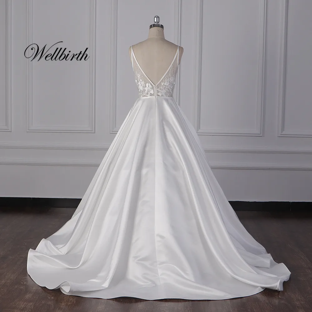 Реальное изображение, Wellbirth Vestido de novia, v-образный вырез, атласное, расшитое бисером свадебное платье, открытая спина, рукав-крылышко, свадебное платье JS015