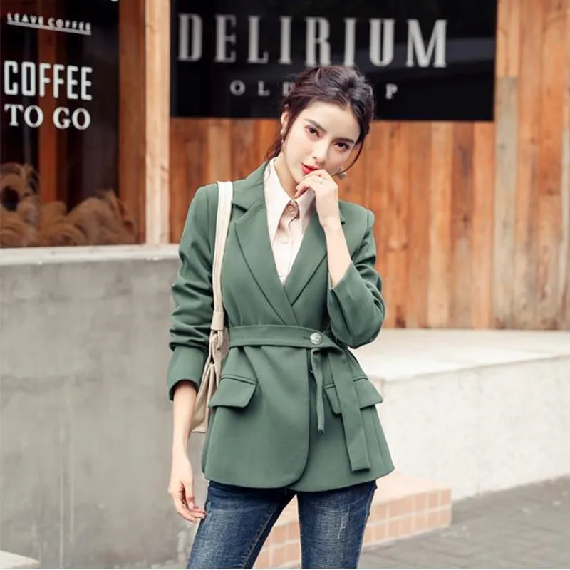 

HziriP 2020 New Women Elegant Long Sleeve Blazer Jacket with Belt Casual Solid Female Chic Lady Office Suit Blazers Outwear Coat