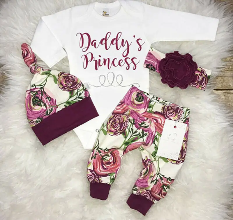

Toddler Newborn Baby Girls Tops Romper Flower Pants Leggings Hat Outfits Set Clothes Daddys princess Winter Cotton Print Clothes