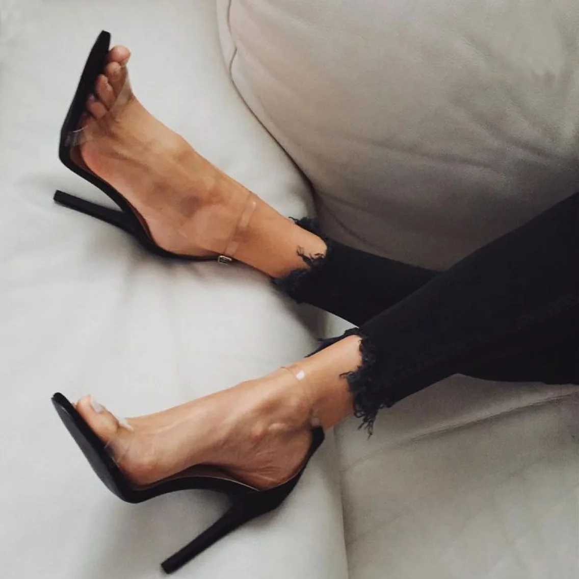 Женские туфли-лодочки; прозрачные туфли на каблуке; женские черные открытые туфли из ПВХ с открытым носком на высоком каблуке-шпильке; босоножки размера плюс; dfv4