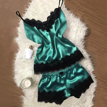 

Women Lace Pijamas Set Summer Sexy Nighty Camisole Bow Shorts Top Slingerie Femme Velvet Pajamas Satin Sleepwear Lingerie #YJ