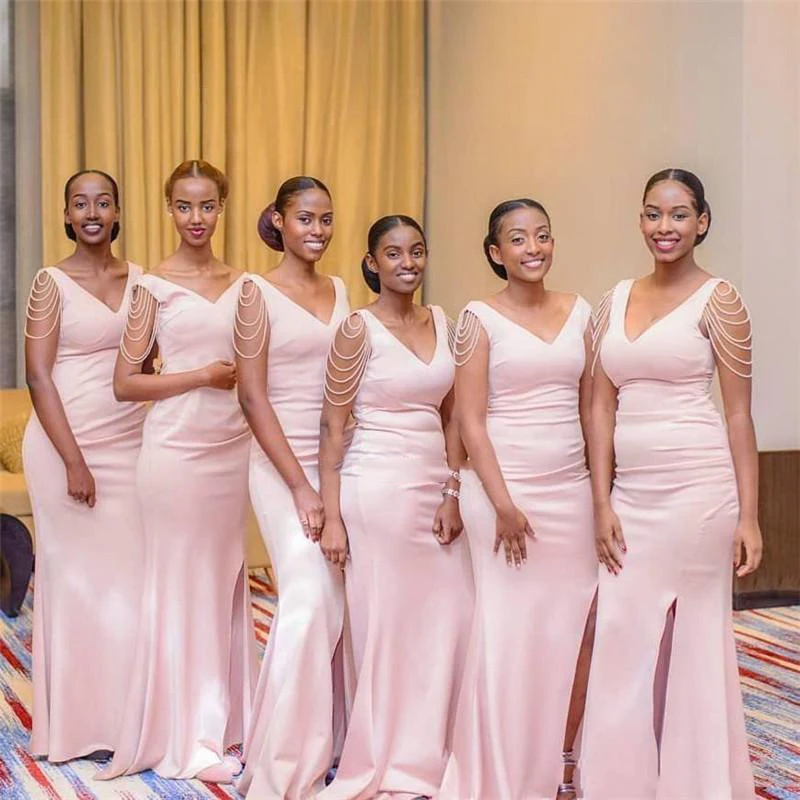 Pink As Photos Vestido, африканские платья подружки невесты с длинным разрезом и v-образным вырезом, с рукавами-крылышками, на молнии сзади, свадебные платья для гостей размера плюс - Цвет: Pink As Photos
