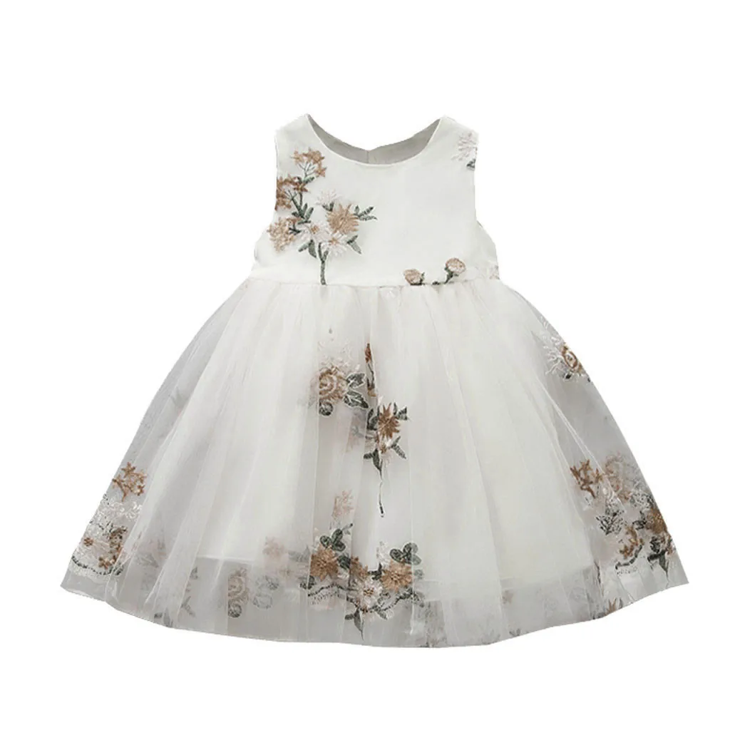 Платье принцессы из тюля без рукавов с вышитыми цветами для маленьких девочек вечерние платья свадебная одежда для девочек HOOLER - Цвет: White