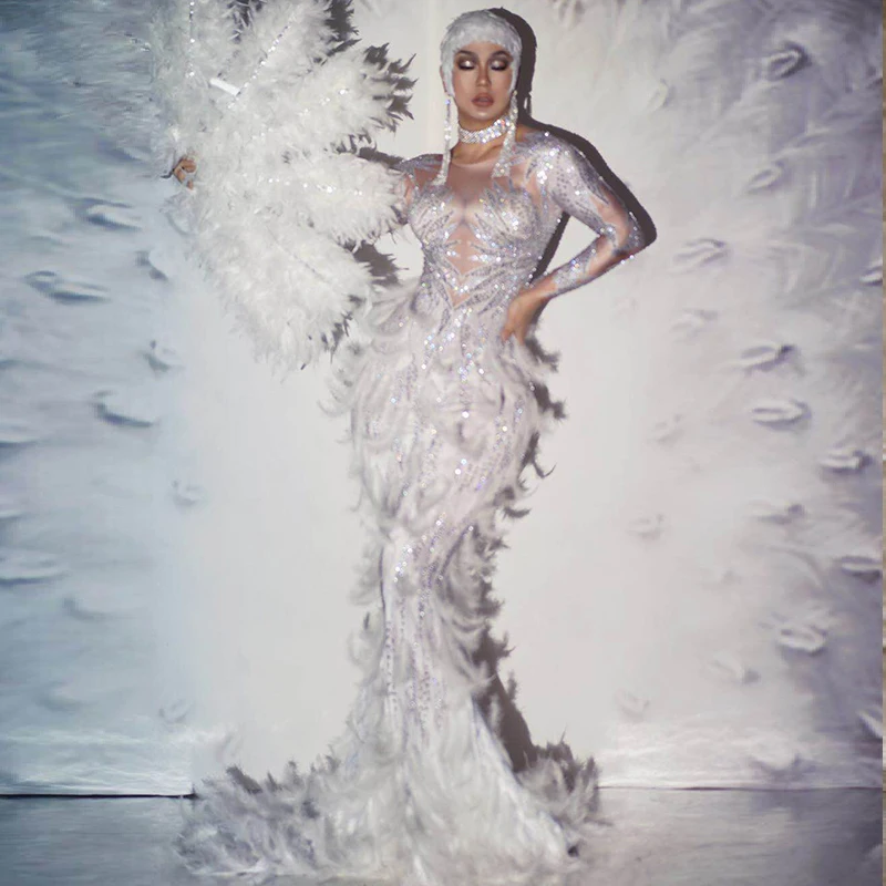 Custom fashion Sparkly Rhinestones Pink white Feather Dress Sexy