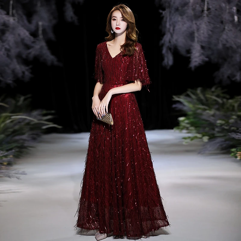 blue ball gown Burgundy Evening Dresses 2021 Elegant V-neck A-line Floor-length Shiny Sequin Prom Gowns With Sleeves women's formal dresses & gowns