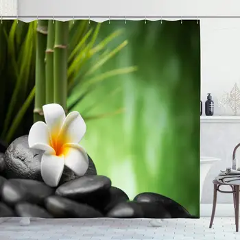 

Shower Curtain Set with Hooks 60x72 Care Row Pebble Aroma White Spa Concept Stability Zen Fengshui Basalt Stones Bamboo Nature
