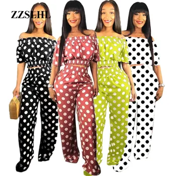 

Women's Neckline Polka Dot Two-wide Tracksuit Short Sleeve Leg Pants 2020 New Summer Woman Sets 2 Piece