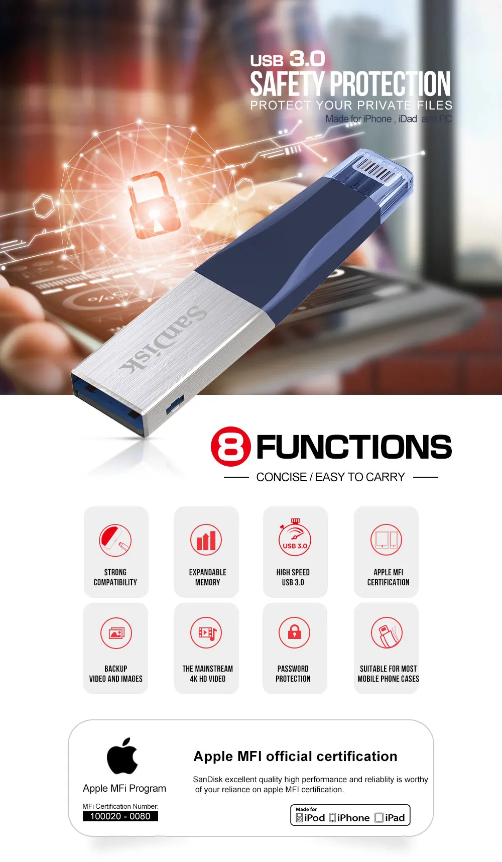 SanDisk флеш-накопитель USB 3,0 флеш-накопитель 32 Гб 64 Гб 128 ГБ TYPE-C флеш-накопитель Micro USB OTG карта памяти lightning для iPhone/Android