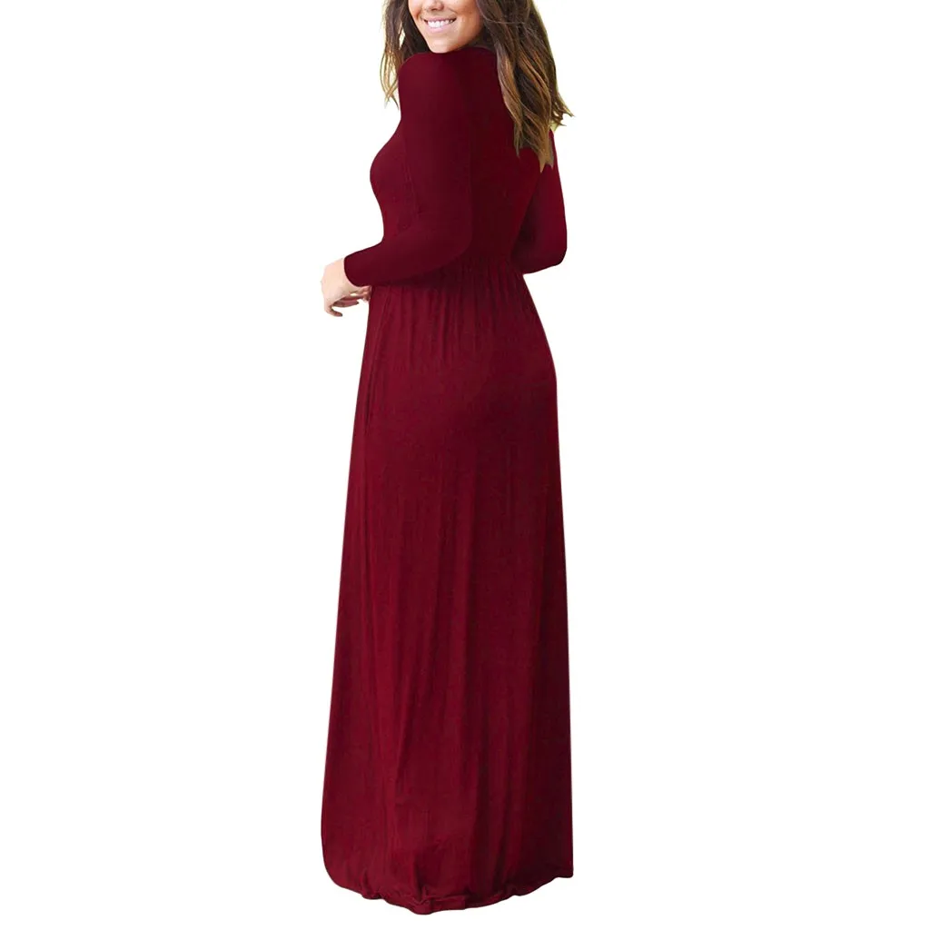 Ropa mujer женское повседневное длинное платье с длинным рукавом и круглым вырезом