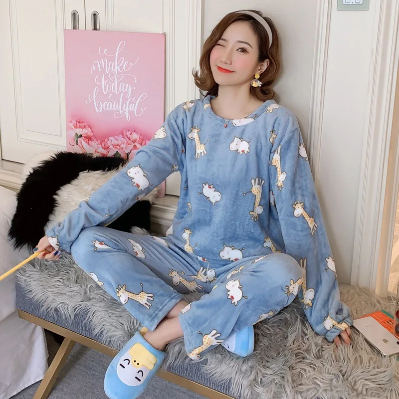 Autumn Winter Warm Flannel Women Pajamas Sets Thick Coral Long Sleeve Cartoon Sleepwear Pijama For Girl Nightwear Pyjama - Цвет: lanlu