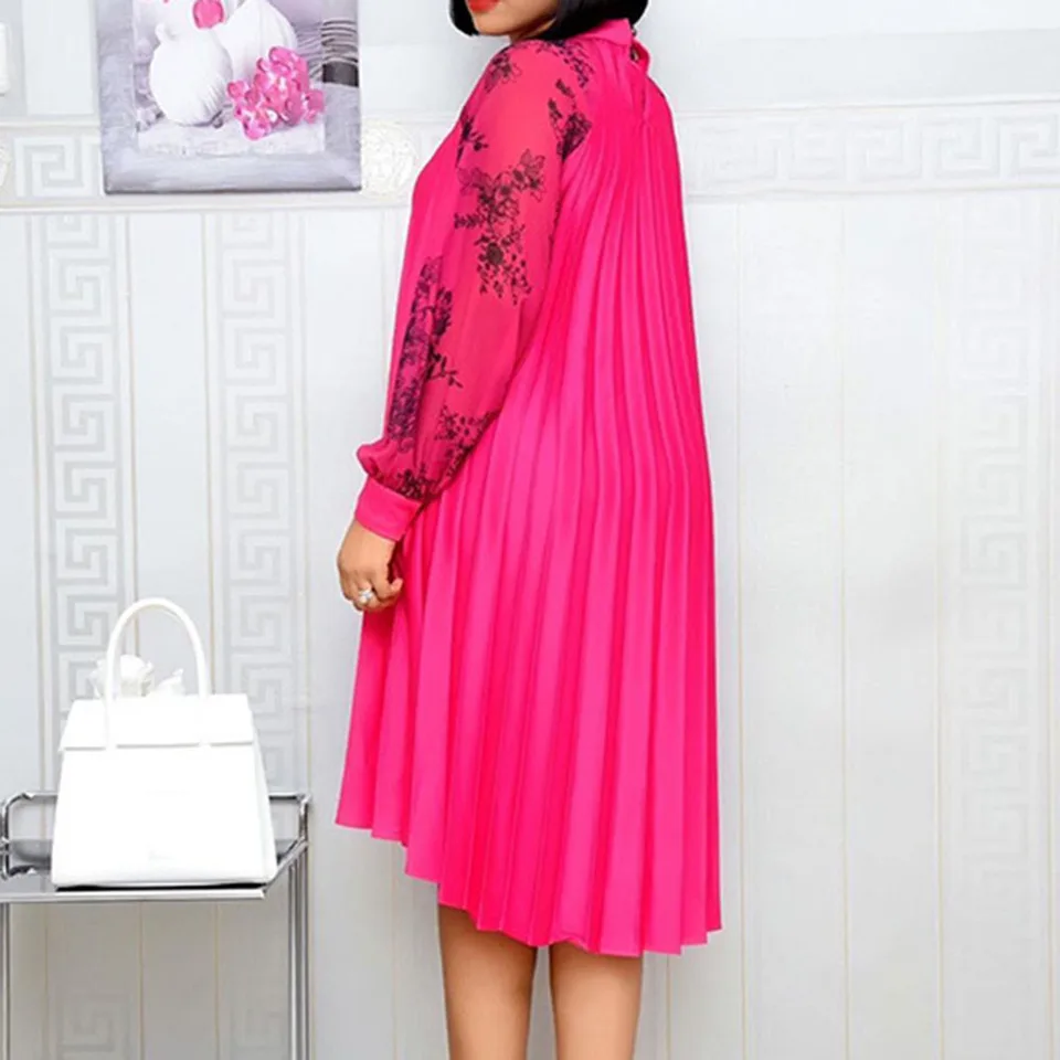 tie neck long sleeve rose red pleated dress