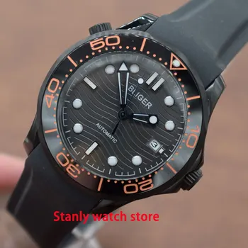 

Luxury Bliger 41mm grey shallow waves dial luminous marks sapphire ceramic bezel pvd coated case automatic movement men's watch