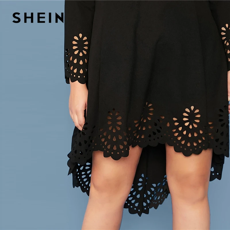 Preise SHEIN Plus Größe Burgund Laser Cut Asymmetrische Saum Kleid Frauen Frühjahr Lange Hülse O ansatz Feste A line Elegante Kurze Kleider