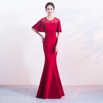 

Exquisite Appliques Evening Dress Women Sexy Fishtail Formal Dress Burgundy Slim Cheongsam Elegant Party Prom Dress Qipao