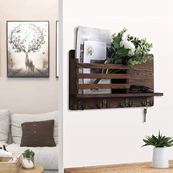 

Wall Mounted Mail Holder Wooden Mail Sorter Organizer with 4 Double Key Hooks and a Floating Shelf Rustic Home Decor