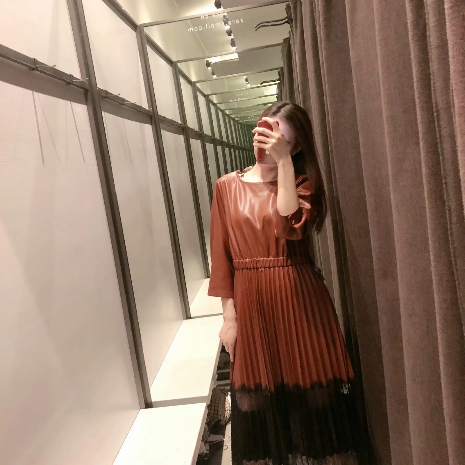 PU Leather dress Women Dresses Pleated Fashion Lace Patchwork Dress Women Elegant Three Quarter Mid Calf Dresses Female Ladies