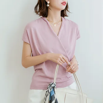 

Spring Summer Autumn Office Lady Knitted V Neck Short Sleeve Sweater Fashion 7 Solid Color Slim Size S-l Women Pullover JL-Y9947