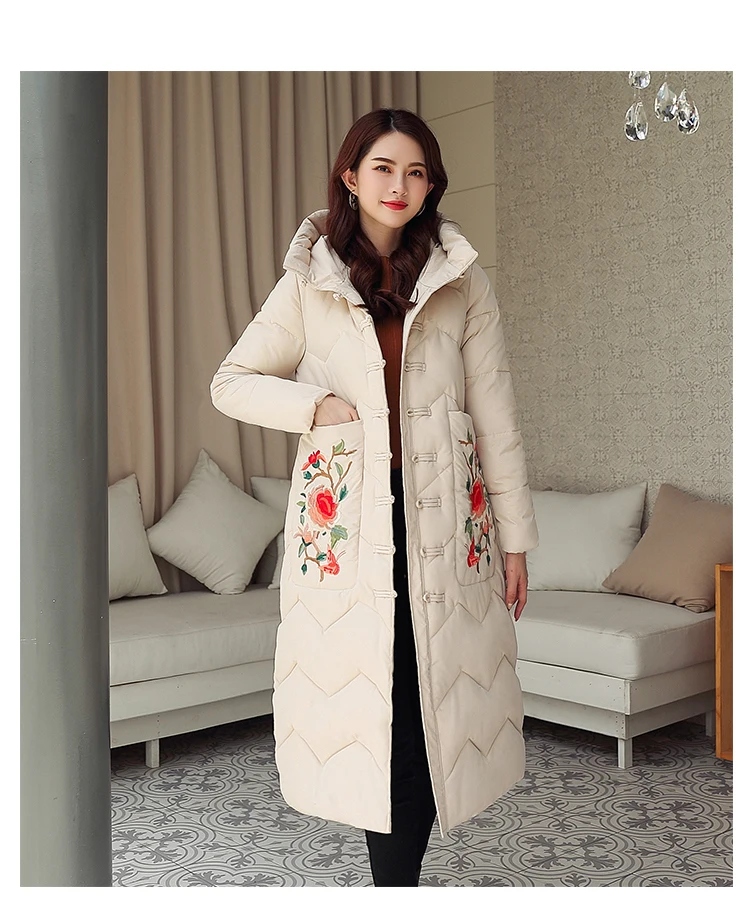 Большие размеры, длинное пуховое пальто с вышивкой, Женская однотонная парка с капюшоном, пальто, женская зимняя утепленная теплая китайская Стильная верхняя одежда