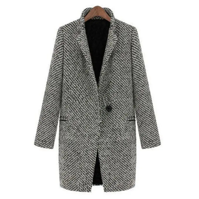 

Vintage Autumn Winter Woolen Coat Pocket Oversize Long Trench Coat Outerwear Women Houndstooth Cotton Blend Coat Plus Size 2019