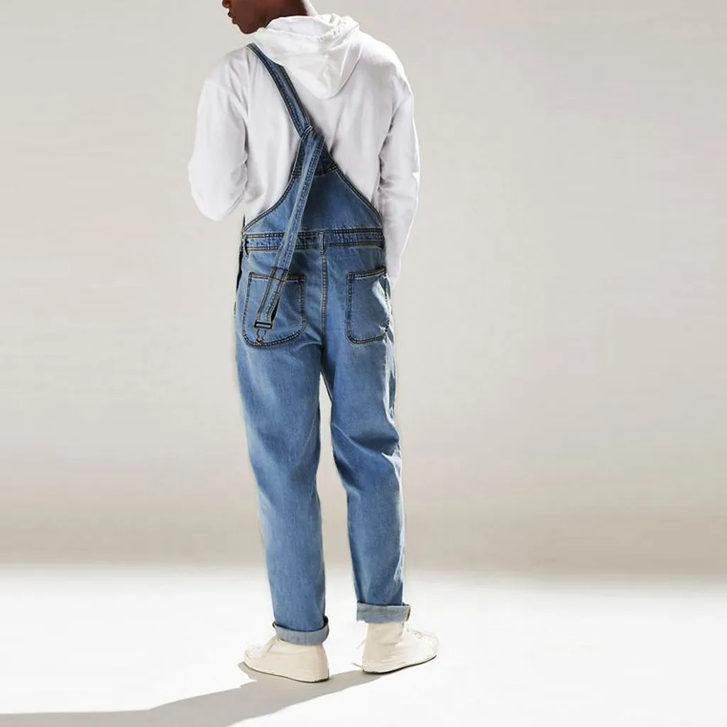 Men's Korean style slim Jumpsuits suspenders jeans for men Mens denim bib pants Blue Denim Overalls Trouser For Man Washed Blue
