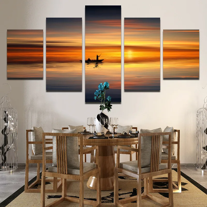 

Landscape Painting Orange Sunset Lake and Boating People Decoration Canvas Painting 5Pcs Beautiful Wall Living Room Decor