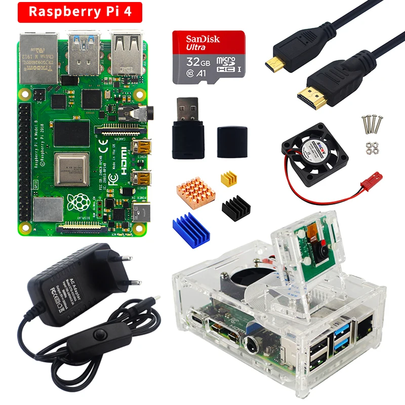 US $86.98 Raspberry Pi 4 Kit 2GB 4GB 8GB RAM Board 5MP Camera Acrylic Case Power Supply SD Card Heat Sinks for Raspberry Pi 4 Model B