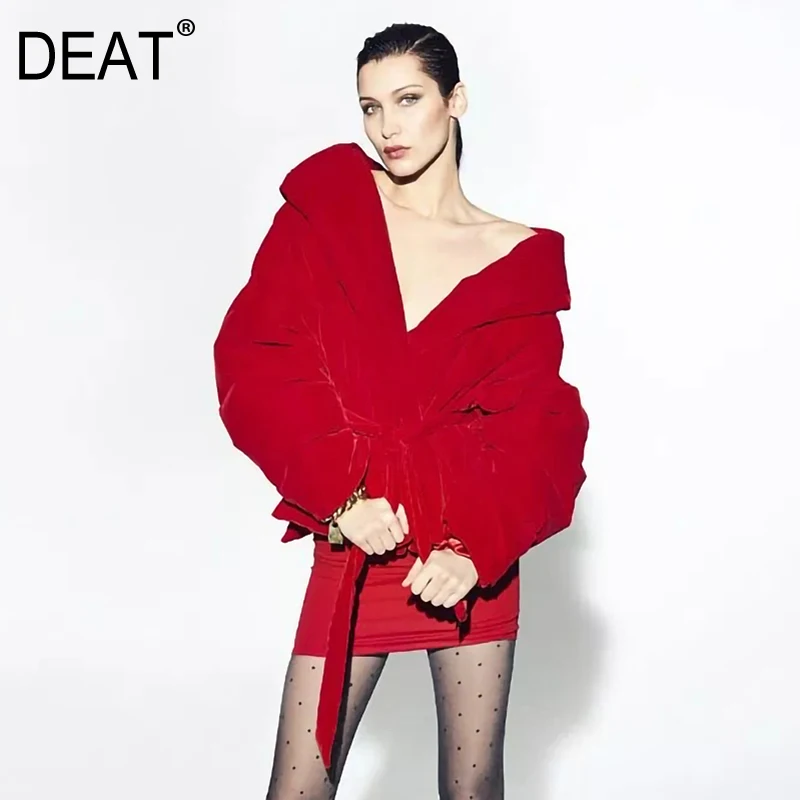 

DEAT 2020 New Spring Solid Color Lantern Sleeve Belt Cotton Coat Women Vintage Warm Loose High Quality Nylon Thicken Coat PD733