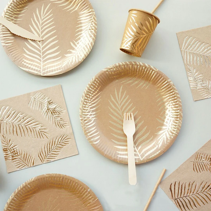 

Disposable Kraft Paper Tableware Set Golden Colored Palm Leaf Pattern Plate Cup Paper Towel Wedding Birthday Cutlery C1146 b