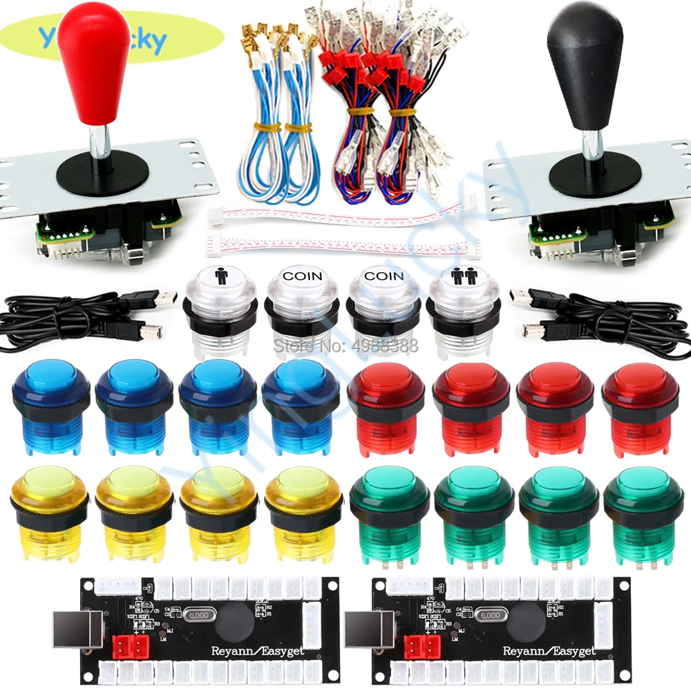 Arcade Joystick Game Parts DIY Encoder USB Oval Joystick 20 LED push buttons 1P 2P button with cable kit，for Arcade Video Games 