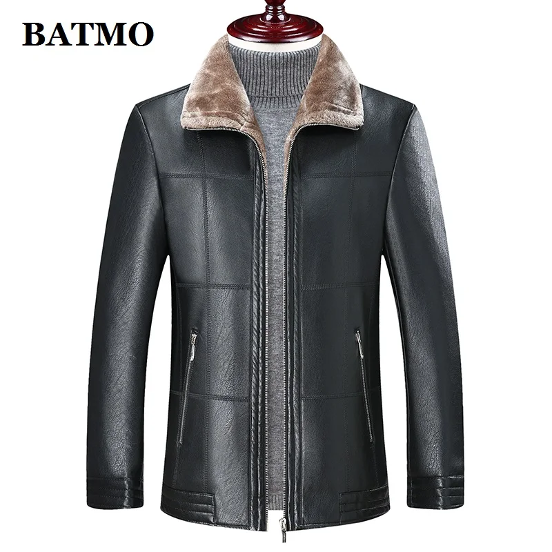 BATMO Новое поступление зимние толстые мужские парки из искусственной кожи, мужские зимние теплые пальто, Толстые мужские куртки, 8810 - Цвет: black