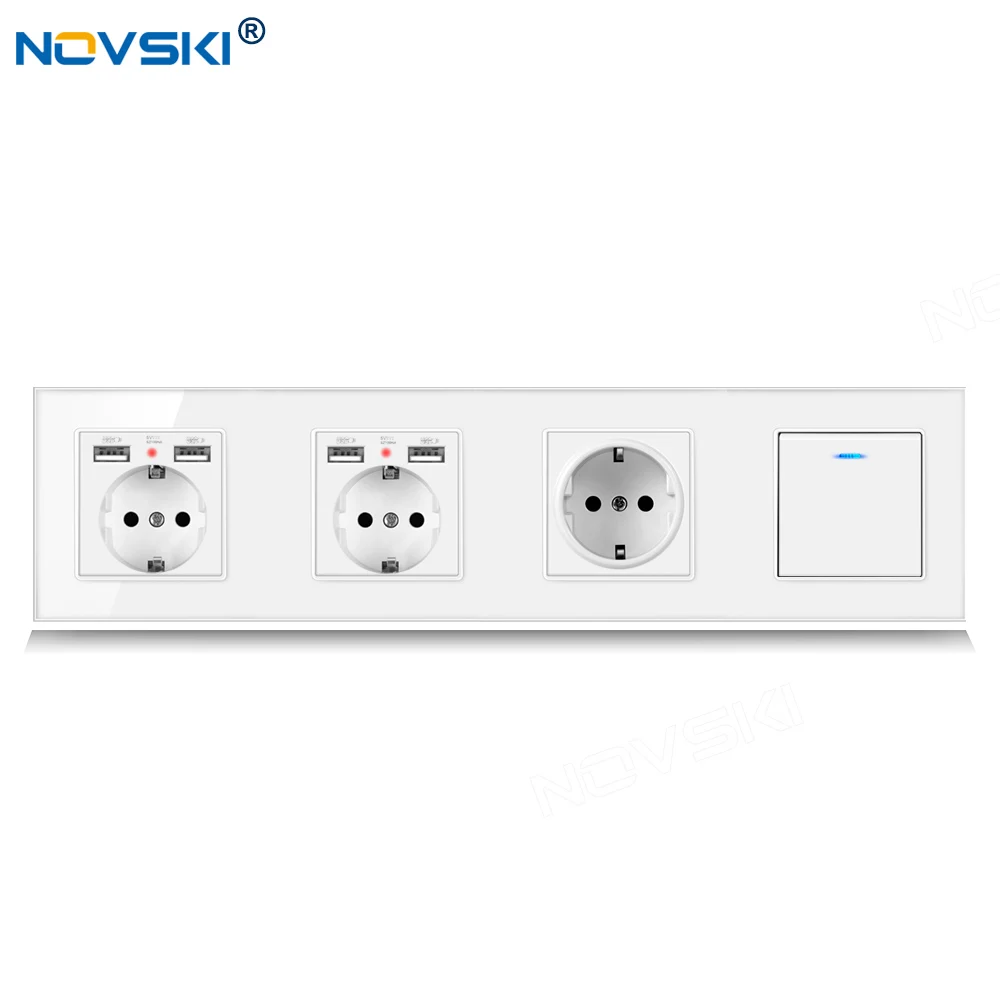 

344 EU Standard DIY Quadruple Frame Switch Socket, Schuko Plug Type, 2.1A Dual USB Charging Outlet, German Bayer Base, White