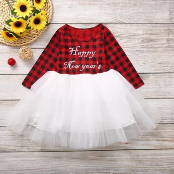 

Happy New Year Toddler Baby Girls Plaid Tops Tutu Dress Infant Kids Girl Letter Print Long Sleeve Lace Dress Fashion Clothes