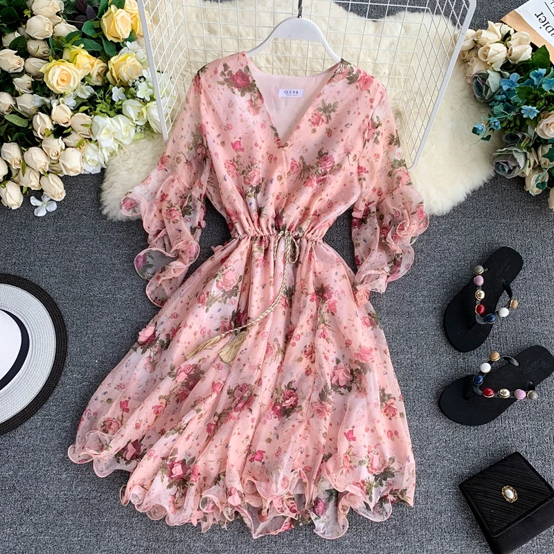 

2019 summer sexy Bohemian Style Flowers Print Cross V Neck Chiffon Dress Draw String Waist Flare Sleeve Ruffle Beach Dress