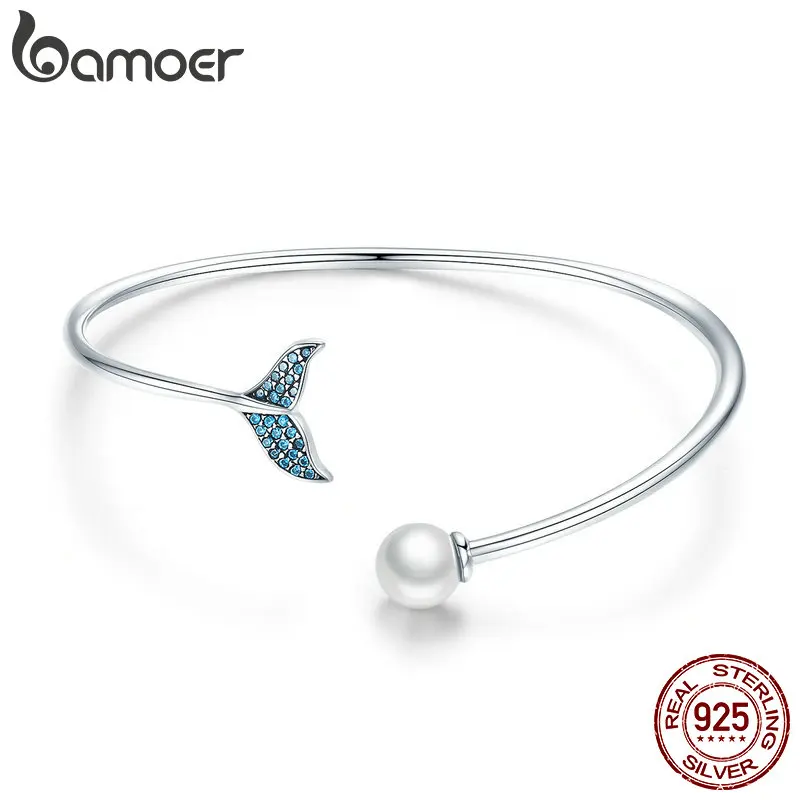 Skup BAMOER gorąca sprzedaż 925 Sterling Silver Mermaid s Tail otwórz mankiet kobiety bransoletki i Bangles elegancka biżuteria srebrna SCB123