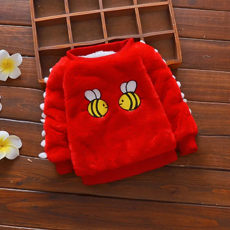 Toddler Girls Cute Cartoon Bees Embroidery Warm Flannel Pullovers Long Sleeve Winter Warm Flocking Hoodies Sweet Tops