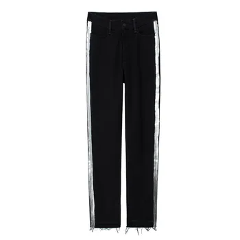 

New 2020 Side Silver Stripes Women Black Pants Soft Zipper Jeans Female Casual Denim Trousers Clothing